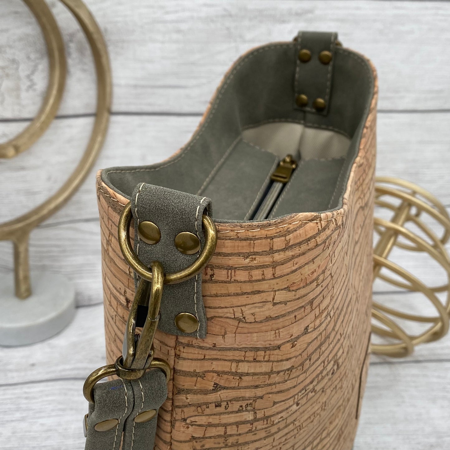 Bella Bucket Bag - Striped Cork & Morning Dove